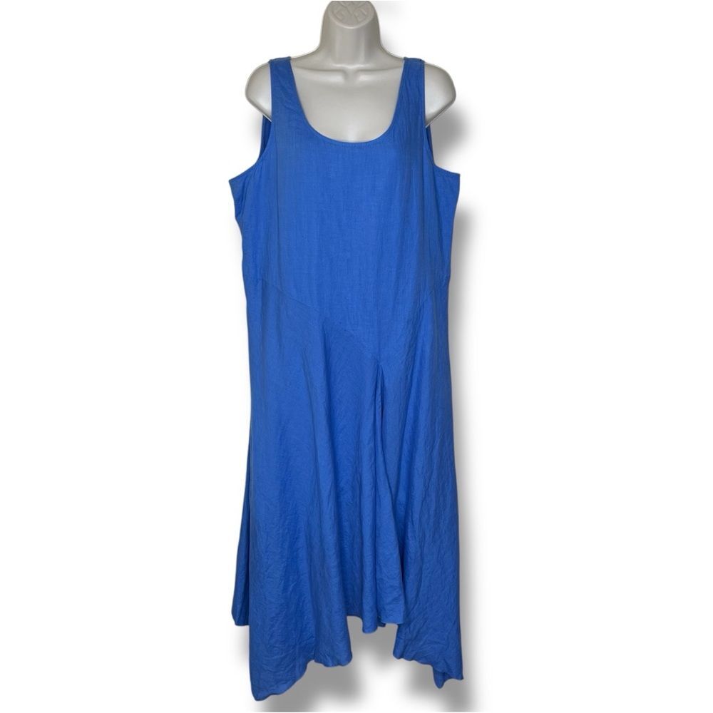 Eileen Fisher 100% Irish Linen Blue Midi Dress Sz L Sleeveless Scoop Neck 2 Pc
